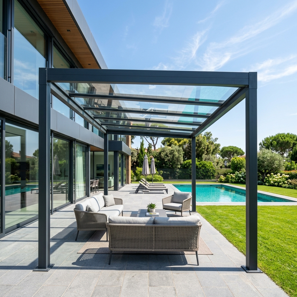 Premium aluminium terrasoverkapping met vast glazen dak in een moderne tuin