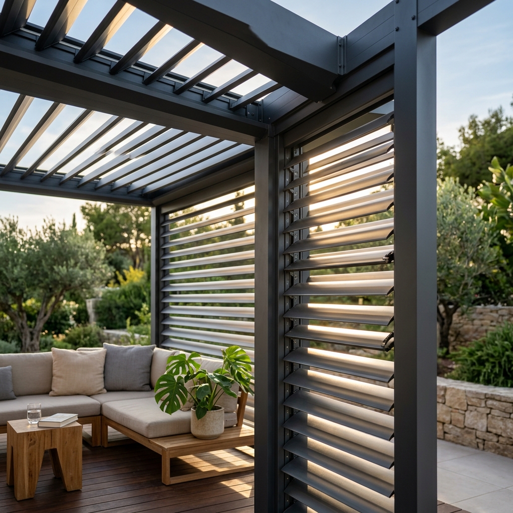 Luxe bioklimatische pergola met roterende lamellen en modern minimalistisch design