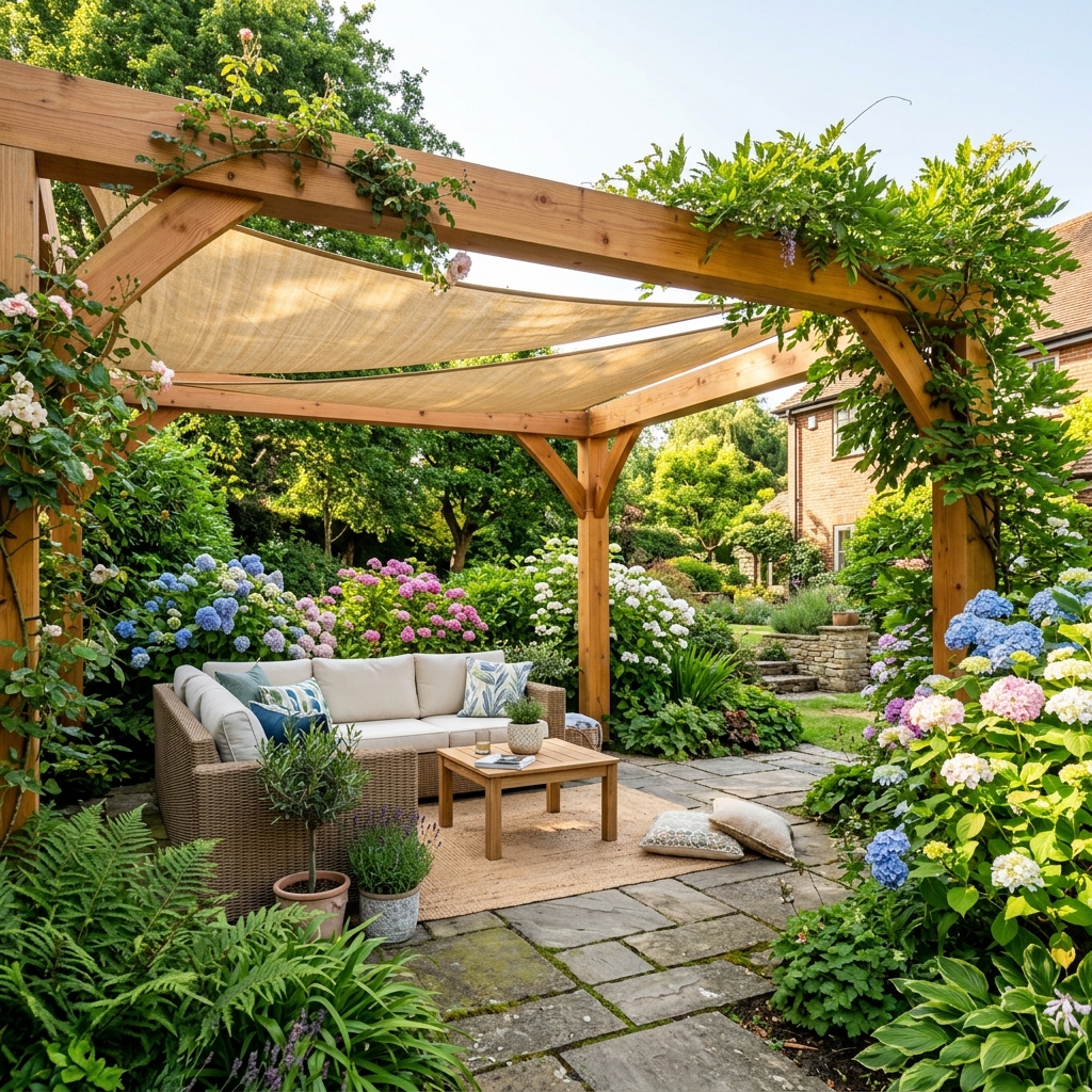 Karaktervolle houten pergola met harmonicadoek in een sfeervolle Belgische tuin