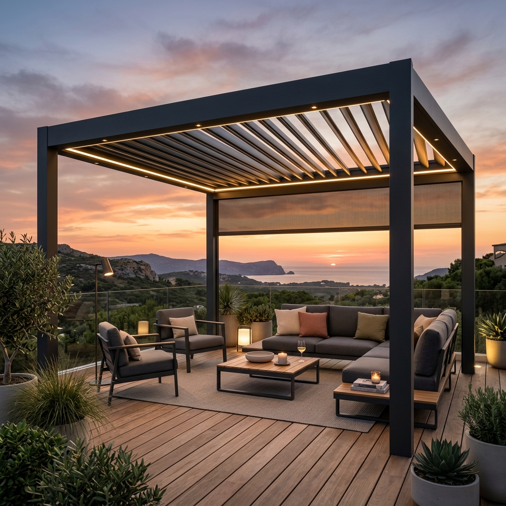 Luxe moderne terrasoverkapping in een prachtig ingerichte Belgische tuin